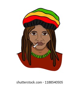 Rastaman logo. Smoke man with  dreadlocks and in rasta hat of traditional rastafarian colors: red, green, yellow. 