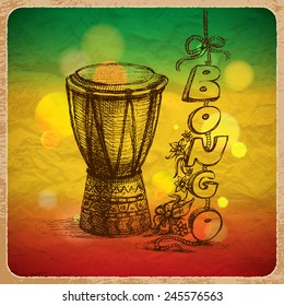 Rastaman Poster with Sketchy Bongos. Vector Background.