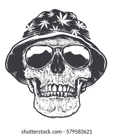 Rastaman skull in hat with cannabis symbols and in sunglasses. Isolated on white. Black and white vector art.