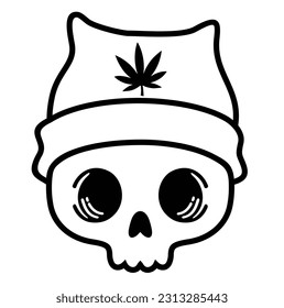 Rastaman Schädel mit Hut und Marihuana Blatt. Schädel Unkraut. Schädel in einem Hut mit Hanfblatt schneiden.  Skizze-Illustration im handgezeichnet-Stil einzeln auf weißem Hintergrund