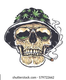 Rastaman Skull Vector Art. Skull In Hat With Cannabis Leafs And In Sunglasses Holds Smoking Joint In His Mouth. Tattoo Style Colored Illustration Isolated On White.