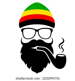 Rastaman vector portrait on white background, pipe smoking geeky dude with rasta hat