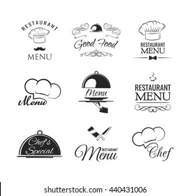 Rastaurant menu vintage label. Chef hat. restaurant logo, retro vector style for  cafe menu. Collection of vintage retro restaurant cafe and bar labels, badges. Food serving tray, platter, waiter.