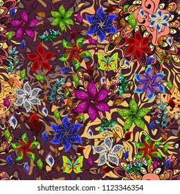 Raster abstract floral wreath from golden doodle fantasy leaves and flower on a purple, black and neutral colors. Hand drawn decorative frame, album cover, greeting card, vintage Art deco style.