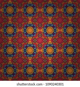 Raster background. Vintage abstract mandala colorful seamless pattern in blue, purple and red colors.