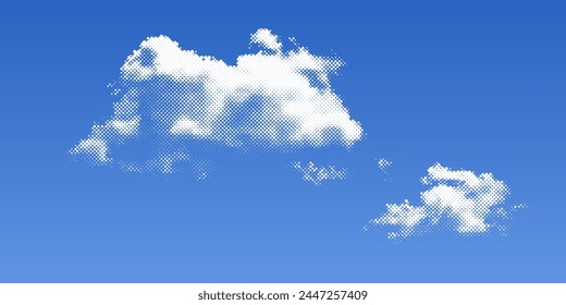 Raster clouds in the blue sky. Halftone white smoke with texture on clear background. Pop art object with dot pattern. Vector retro bg