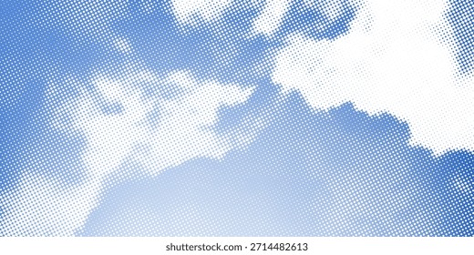 Raster clouds in the blue sky. Halftone white smoke with texture on clear background. Pop art object with dot pattern. Vector retro bg