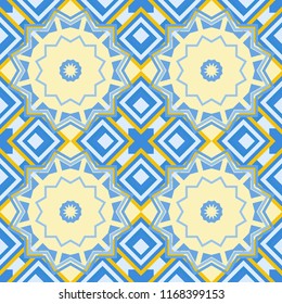 Raster colorful kaleidoscopic seamless pattern for textile, ceramic tiles, wallpapers and fabric. Traditional ethnic background in blue, brown and beige colors.