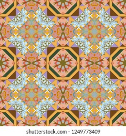 Raster colorful kaleidoscopic seamless pattern for textile, ceramic tiles, wallpapers and fabric. Traditional ethnic background in gray, blue and white colors.