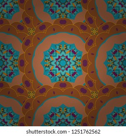Raster colorful kaleidoscopic seamless pattern for textile, ceramic tiles, wallpapers and fabric. Traditional ethnic background in brown, orange and gray colors.