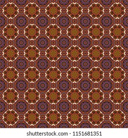Raster colorful symmetrical seamless pattern for textile, tiles and design in red, green and brown tones.