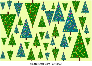 Raster drawing of blue and green decorated christmas trees on yellow-green background suitable for christmas holiday decoration or wrapping paper