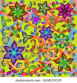Padrão floral raster em estilo doodle com flores. Fundo floral suave e sensível. Flores em cores agradáveis.