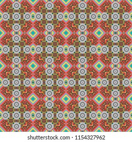 Raster geometric ornament texture with linear stars, angular geometric figures. Abstract geometric seamless pattern painted in green, blue and yellow colors. For furniture, fabric, textile.