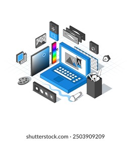 Rastergrafik-Editor im isometrischen Stil. Minimalistische axonometrische Schnittstelle. 3D-Vektorgrafik in verschiedenen Dimensionen. Große Ui-Grafik