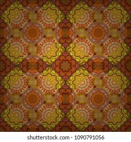 Raster graphical abstract seamless pattern in orange, brown and green colors with medallions, mandala, flowers, geometric elements.