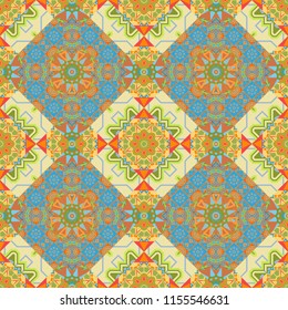 Raster green, blue and yellow seamless background pattern with rhombuses.