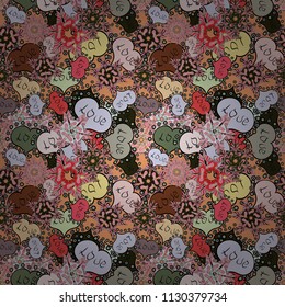 Raster illustration. Raster abstract background with repeating elements. Golden seamless pattern on violet, brown and beige colors with golden elements. Seamless damask classic golden pattern.