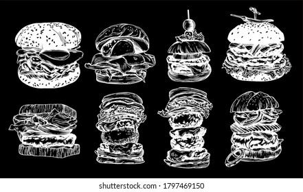 Raster Illustration of different burgers. With detailed black-and-white drawing, a line in the sketch style.