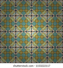 Raster illustration. Geometrical seamless pattern with blue, black and gray tiles.