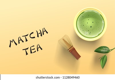 Raster illustration of matcha tea, tea whisk, and matcha tea leaf on yellow background, top view, 