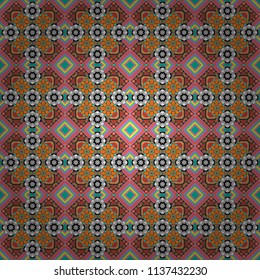 Raster illustration. Raster ornate floral seamless texture in white, orange and green colors, endless seamless pattern with mandala elements.