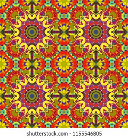Raster illustration. Seamless geometric pattern with mandalas. Stylish ornamental wallpaper in green, yellow and blue colors.