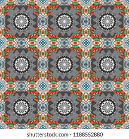 Raster illustration. Seamless pattern with decorative geometric and abstract elements in gray, black and white colors.