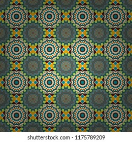 Raster illustration. Seamless pattern with a yellow, blue and beige bright summer floral print, flowers, foliage.