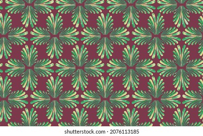 Raster leaf illustration. Seamless pattern with floral motif. Seamless green floral pattern with leaves, Vector abstract retro flower pattern on maroon background