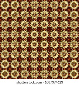 Raster mandala seamless pattern card in orange, beige and blue colors for backgrounds, invitations, birthday cards, wallpapers and etc.