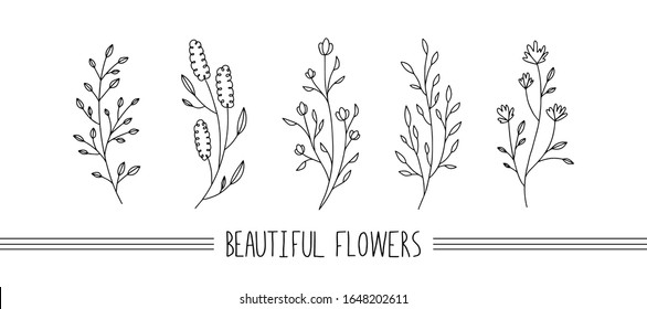 Raster outline isolated black and white flowers. Cute sweet illustration for postcards, web design.