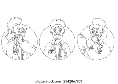 Raster outline of a woman doctor in a mask, on the shoulders stethoscope, in the hand tablet. three icons with a woman doctor with dark hair on a white background 


