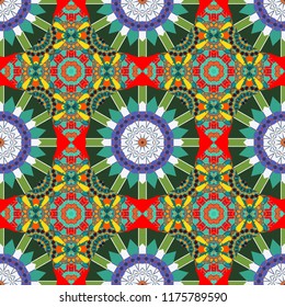 Raster seamless background pattern. Colorful flowers with plumage in beige, blue and gray colors.