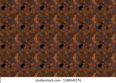Raster. Seamless love pattern with cute lettering calligraphy text and hearts, envelopes, doodles. Hand drawn illustration in cartoon style. Graphic hearts love on brown, black and purple colors.