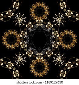 Raster seamless pattern with gold antique floral medieval decorative, leaves and golden pattern ornaments on gray, black and white colors. Seamless royal luxury golden baroque damask vintage.