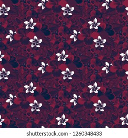 Raster seamless pattern with hibiscus flowers and leaves in magenta, green and brown color. Watercolor floral background. Textile print for bed linen, jacket, package design, fabric or fashion concept