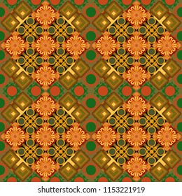 Raster seamless pattern in style of patchwork in green, brown and blue colors. Each square of the pattern is also seamless backgrounds.