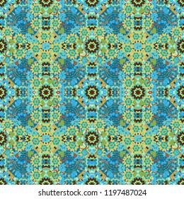 Raster seamless pattern with stylized doodle flowers. Cute floral background for textile, fabric, wrapping, scrapbooking. Childish design in beige colors.