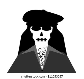 raster skeleton with long hair wearing vintage clothing and hairy chest