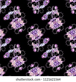 Raster - stock. Doodles on yellow, pink and black colors. Seamless background pattern. Watercolor, hand drawn.