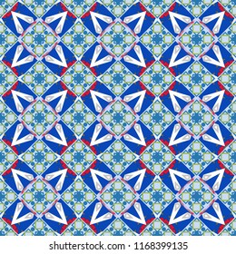 Raster textile print for bed linen, jacket, package design, fabric and fashion concepts. Seamless pattern ethnic design in gray, blue and beige colors. Geometric background with tribal tiles.
