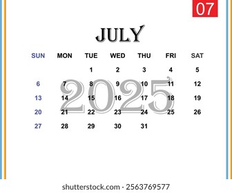 Raster version. July. Calendar Month. Illustration on white background