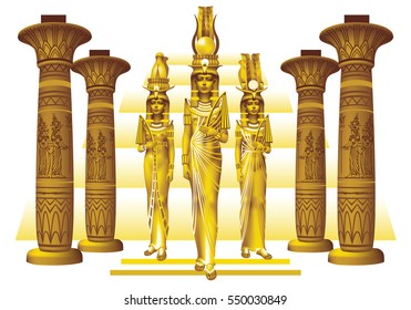 Raster version / Three golden Egyptian Queen on a white background