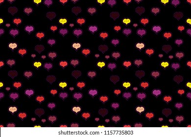 Raster. Wedding and invatation card concept. Valentine':s day. Wrapping paper. Seamless Love doodle romantic background raster with hearts. Drawing in sketch style on black, purple and red colors.