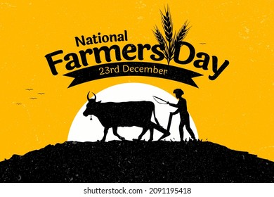 Rastriya Kisan Diwas Translate: Nationaler Bauerntag, 23. Dezember, um die indischen Bauern zu ehren. Hindi Typografie und Logo-Design. India-Karte mit Bauern auf Traktoren