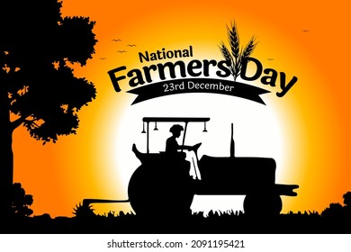 Rastriya Kisan Diwas Translate: Nationaler Bauerntag, 23. Dezember, um die indischen Bauern zu ehren. Hindi Typografie und Logo-Design. India-Karte mit Bauern auf Traktoren