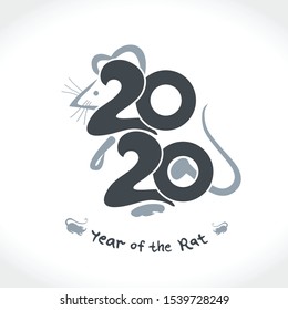 Rat 2020. Handwritten template with the inscription 2020 and Rat. Imitation of painting with brush. New Year on the Chinese calendar.