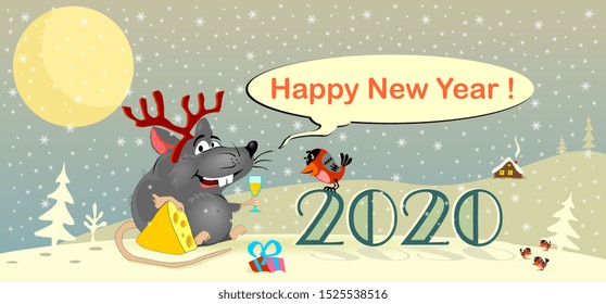 rat in 2020 new year. Rat congratulates on new year. Fan, cheerful vector picture