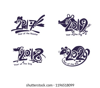 Rat 2020. Pig 2019. Dog 2018. Rooster 2017. Flat monochrome symbols of the years on the Chinese calendar. Vector template handwritten figures. 